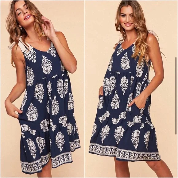 Navy batik border print shoulder bow tie summer cute women’s dress - Picture 3 of 3